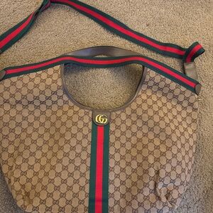 Beige/Brown Canvas Tote with Red & Green Web